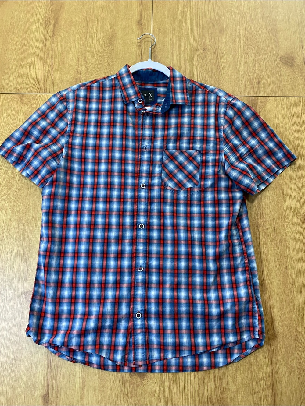 Armani Exchange Red and Blue Plaid Short Sleeve Button-Down Shirt